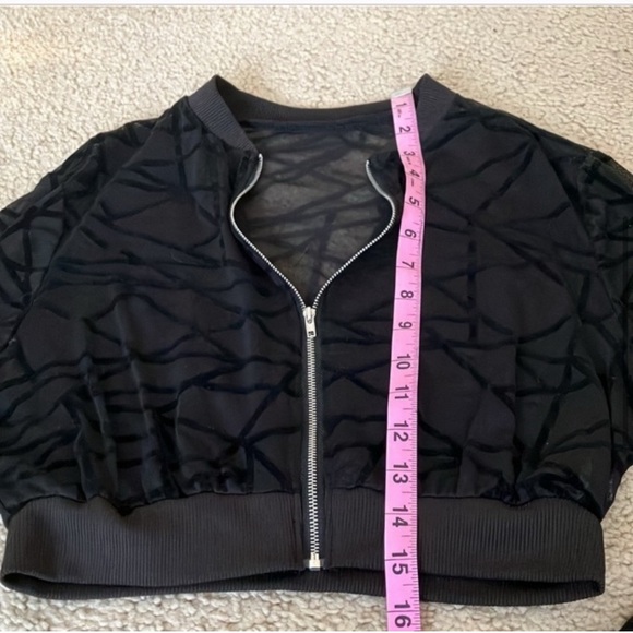 Black Geometric sheer mesh velour bomber Jacket, full zip, ribbed trim, cropped - Picture 3 of 3